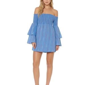 Red Carter Taylor smocked tiered ruffle sleeve off the shoulder dress sz M